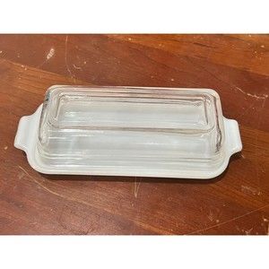 Vintage Fire King OVEN WARE Milk Glass Butter Dish w/Clear Cover